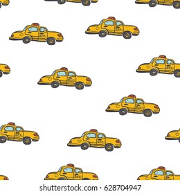 Hand drawn vector seamless pattern with cute yellow  taxi cars typical for big cities like New York. Could be used as surface print, textile design, souvenir, wallpaper or background. Fully editable.