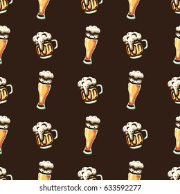 Hand drawn vector seamless pattern on a beer theme.