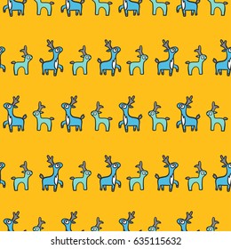 Hand drawn vector seamless pattern with  animal - deer. Colour and  line art style drawing. Could be used as background, wrapping paper, book page and textile ornament.