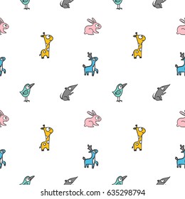 Hand drawn vector seamless pattern with  animals. Colour and  line art style drawing. Could be used as background, wrapping paper, book page and textile ornament.