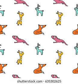 Hand drawn vector seamless pattern with  animals. Colour and  line art style drawing. Could be used as background, wrapping paper, book page and textile ornament.