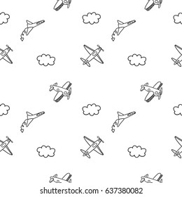 Hand drawn vector seamless pattern with some planes. Contour and line art style drawing. Could be used as background, wrapping paper, book page and textile ornament. 