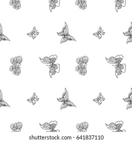 Hand drawn vector seamless pattern of some butterflies. Contour and line art style drawing. Could be used as print, poster, book page, card and textile.