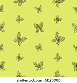 Hand drawn vector seamless pattern of butterflies. Contour and line art style drawing. Could be used as background, wrapping paper, book page and textile ornament.

