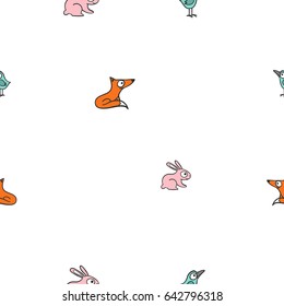 Hand drawn vector seamless pattern with  animal - fox, rabbit,  bird.
 Colour and  line art style drawing. Could be used as background, wrapping paper, book page and textile ornament.

