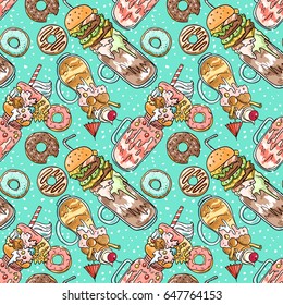 Hand drawn vector seamless pattern monster shake. Food sketching.