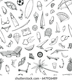 hand drawn vector seamless pattern with summer theme: beach, sea, bicycle, swimsuit, diving, serfing