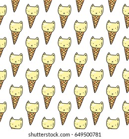 Hand drawn vector seamless pattern of some ice-cream in a waffle cone. Color and line art style drawing. Could be used as background, wrapping paper, book page and textile ornament.