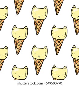 Hand drawn vector seamless pattern of some ice-cream in a waffle cone. Color and line art style drawing. Could be used as background, wrapping paper, book page and textile ornament.