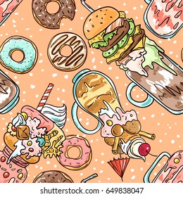 Hand drawn vector seamless pattern monster shake. Food sketching.