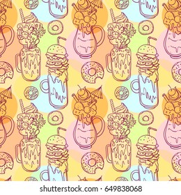 Hand drawn vector seamless pattern monster shake. Food sketching.