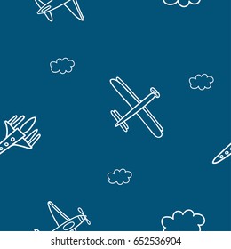 Hand drawn vector seamless pattern with some planes and clouds. Contour and line art style drawing. Could be used as background, wrapping paper, book page and textile ornament. 