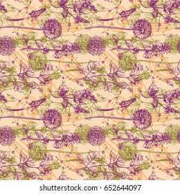 Hand drawn vector seamless pattern with 
wildflowers. Decorative floral illustration. Sketch style. Us for skrapbuking, tissue, textile, cloth, fabric, web material