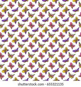 Hand drawn vector seamless pattern of some butterflies. Color and line art style drawing. Could be used as background, wrapping paper, book page and textile ornament.