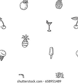 Hand drawn vector seamless pattern with funny summer illustrations. Contour and line art style drawing. Could be used as background, wrapping paper, book page and textile ornament.