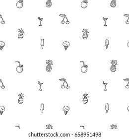 Hand drawn vector seamless pattern with funny summer illustrations. Contour and line art style drawing. Could be used as background, wrapping paper, book page and textile ornament.
