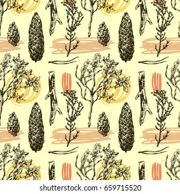 Hand drawn vector seamless pattern with wildflowers and cone. Decorative floral illustration. Sketch style. Use for , tissue, textile, cloth, fabric, web material