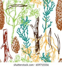 Hand drawn vector seamless pattern with wildflowers and cone. Decorative floral illustration. Sketch style. Use for  tissue, textile, cloth, fabric, web material