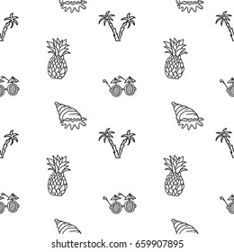 Hand drawn vector seamless pattern with funny summer illustrations. Contour and line art style drawing. Could be used as background, wrapping paper, book page and textile ornament.
