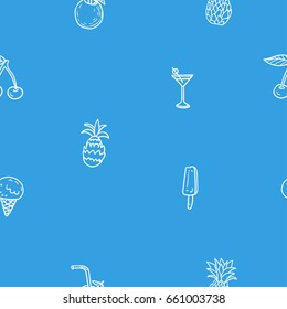 Hand drawn vector seamless pattern with funny summer illustrations. Contour and line art style drawing. Could be used as background, wrapping paper, book page and textile ornament.