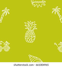 Hand drawn vector seamless pattern with funny summer illustrations. Contour and line art style drawing. Could be used as background, wrapping paper, book page and textile ornament.