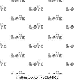 Hand drawn vector seamless pattern with word love and ice-cream in a waffle cone. Contour and line art style drawing. Could be used as background, wrapping paper, book page and textile ornament.