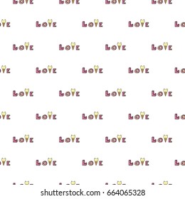 Hand drawn vector seamless pattern with word love and ice-cream in a waffle cone. Color and line art style drawing. Could be used as background, wrapping paper, book page and textile ornament.

