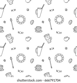 Hand drawn vector seamless pattern with some cups and dish - contour, line art style drawing. Could be used as background, wrapping paper and textile ornament.
