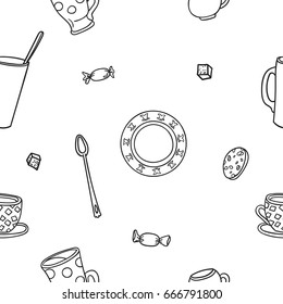 Hand drawn vector seamless pattern with some cups and dish - contour, line art style drawing. Could be used as background, wrapping paper and textile ornament.