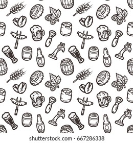 Hand drawn vector seamless pattern on a beer theme.