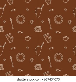 Hand drawn vector seamless pattern with some cups and dish - contour, line art style drawing. Could be used as background, wrapping paper and textile ornament.