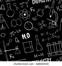 Hand drawn vector Seamless pattern. Chemistry, chemical elements, test tubes, microscope. Perfect for fabric, background, blogs, prints and more.