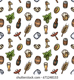 Hand drawn vector seamless pattern on a beer theme.