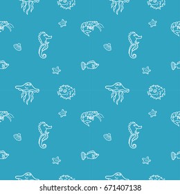 Hand drawn vector   seamless pattern with fish and  undersea world - contour line art style drawing - for print, card, textile, comic, poster, coloring page.