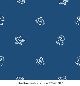 Hand drawn vector seamless pattern with fish and  undersea world - contour, line art style drawing. Could be used as background, print, wrapping paper and textile ornament.
