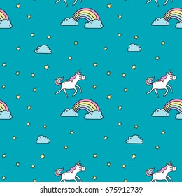 Hand drawn vector seamless pattern with unicorn , clouds and rainbow - color, line art style drawing. Could be used as background, print, wallpaper, wrapping paper and textile ornament.
