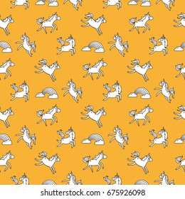 Hand drawn vector seamless pattern with unicorn , clouds and rainbow - color, line art style drawing. Could be used as background, print, wallpaper, wrapping paper and textile ornament.
