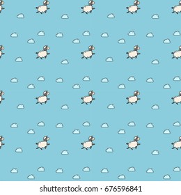 Hand drawn vector seamless pattern with sheep and clouds - color, line art style drawing. Could be used as background, print, wallpaper, wrapping paper and textile ornament.
