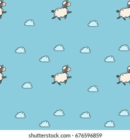 Hand drawn vector seamless pattern with sheep and clouds - color, line art style drawing. Could be used as background, print, wallpaper, wrapping paper and textile ornament.
