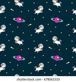 Hand drawn vector seamless pattern with unicorn, stars and planet - color, line art style drawing. Could be used as background, print, wallpaper, wrapping paper and textile ornament.
