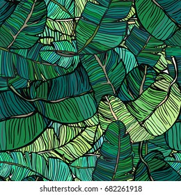 Hand drawn vector seamless pattern with banana tree leaves. Green colourful palm leaves background. Retro style. Textile print. Surface ornament.
