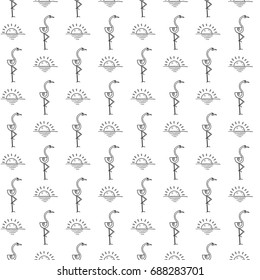 Hand drawn vector seamless pattern with funny flamingo and sun. Contour and line art style drawing. Could be used as background, wrapping paper, book page and textile ornament.
