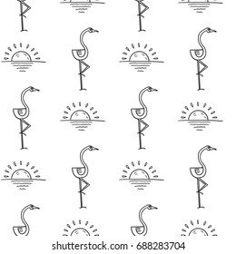 Hand drawn vector seamless pattern with funny flamingo and sun. Contour and line art style drawing. Could be used as background, wrapping paper, book page and textile ornament.
