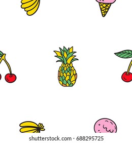 Hand drawn vector seamless pattern with funny summer food. Color and line art style drawing. Could be used as background, wrapping paper, book page and textile ornament.
