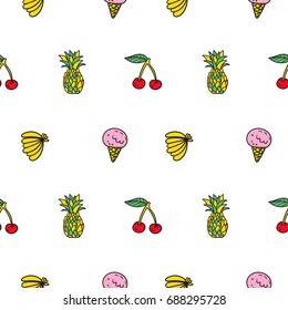 Hand drawn vector seamless pattern with funny summer food. Color and line art style drawing. Could be used as background, wrapping paper, book page and textile ornament.
