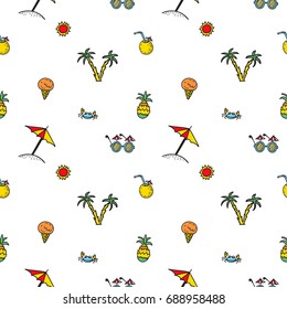 Hand drawn vector seamless pattern with funny summer illustrations. Colour and line art style drawing. Could be used as background, wrapping paper, book page and textile ornament.
