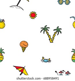 Hand drawn vector seamless pattern with funny summer illustrations. Colour and line art style drawing. Could be used as background, wrapping paper, book page and textile ornament.
