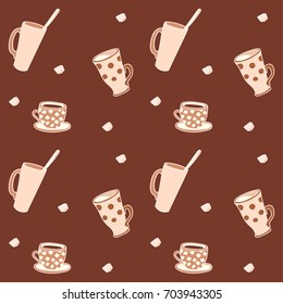 Hand drawn vector seamless pattern with some cups, dish - color, line art style drawing. Could be used as background, wrapping paper and textile ornament.
