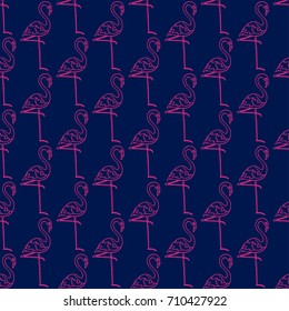 Hand drawn vector seamless pattern with flamingo. Colour and line art style drawing. Could be used as background, wrapping paper, book page and textile ornament.
