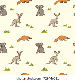 Hand drawn vector seamless pattern with Australian animals. Contour, line art style drawing. Could be used as background, wrapping paper and textile ornament.
